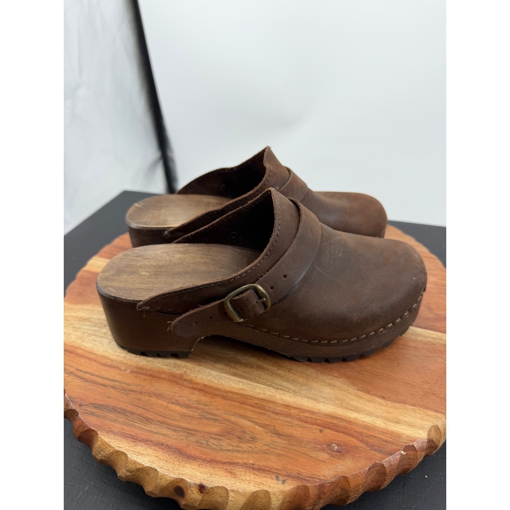 Unbranded Leather Wood Platform Clogs Women 37 Brown Buckle Strap Lug Sole